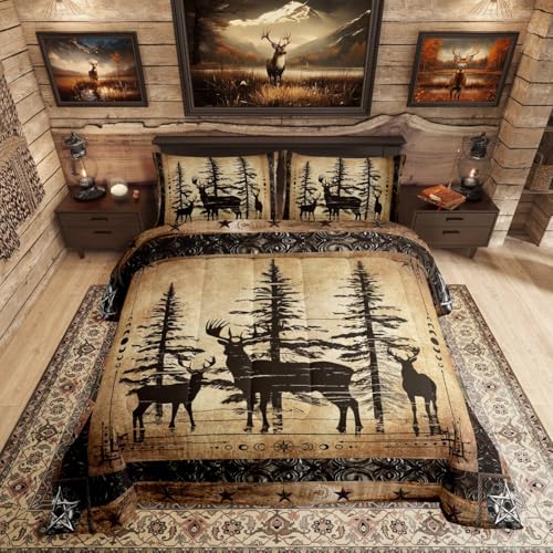 Erosebridal Rustic Deer Comforter Set Farmhouse Cabin Bedding Set Queen Western Woodland Wildlife Bedding Comforter Sets for Kids Boys Adults Men Black Retro Country Animal Quilt Duvet 3 Pcs - color: Black, size: Queen