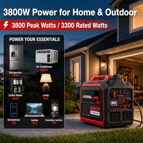 AMERISUN 3800W Portable Inverter Generator, CO Sensor, Gas Powered Generator, Super Quiet for Home Use, ECO Mode EPA Compliant, Parallel Capable Long Run Time for Camping Tailgating Emergency