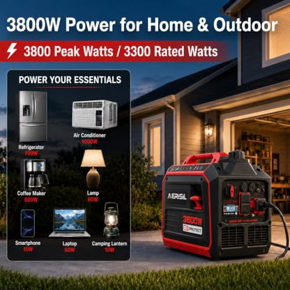 AMERISUN 3800W Portable Inverter Generator, CO Sensor, Gas Powered Generator, Super Quiet for Home Use, ECO Mode EPA Compliant, Parallel Capable Long Run Time for Camping Tailgating Emergency