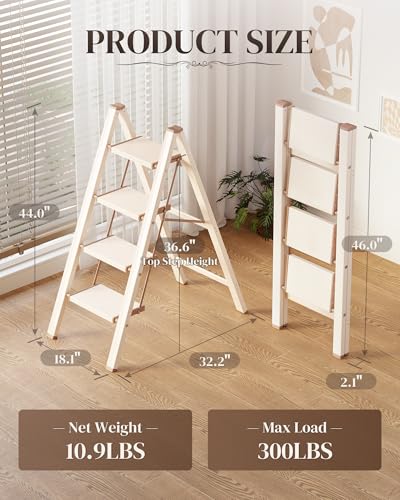 4 Step Ladder, Folding Step Stool with Wider Pedal, Anti-Slip Feet & Non Slip Stripes, Aluminum Sturdy Material, 300Lbs Capacity, Elegant Look of Cream Chocolate Better Matches Your Home - color: Cream Chocolate, size: 4 Step