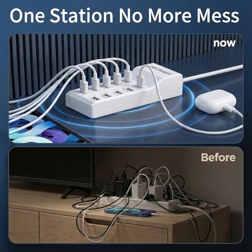 10-Port USB Charging Station 50W 10A with 5-Pack USB-A to C Cables, Ultra-Compact Multi Device Charger Block, Desktop Charging Hub Organizer for Phone, Tablet, Earbuds (White)