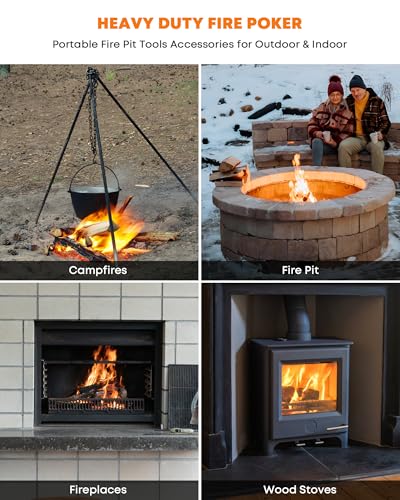 Stanbroil 40 Inch Fire Pit Poker, Heavy Duty Solid Steel Fire Poker, Detachable Portable Campfire Poker with Hook for Outdoor Fire Pit, Indoor Fireplace, Wood Stove, Camping & Bonfire