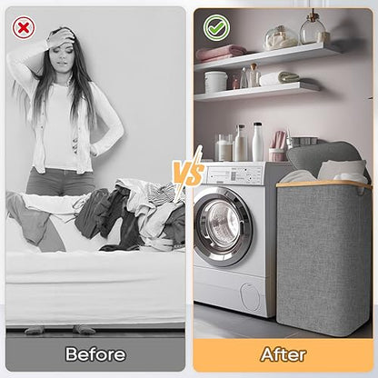 BALEINE Laundry Hamper with Lid, Tall Laundry Baskets with Bamboo Pull Handles, Large Laundry Bin with Internal Support (26 Gal/100L, Beige) - color: Beige, size: 100 liters