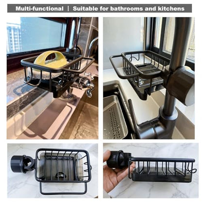 Sink Organizer Rack for Kitchen and Bathroom, 2025 New Stainless Steel Detachable Hanging Faucet Drain Rack with Drip Tray Faucet Sponge Holder for Bathroom, Scrubbers, Soap (Black, Left) - size: Left