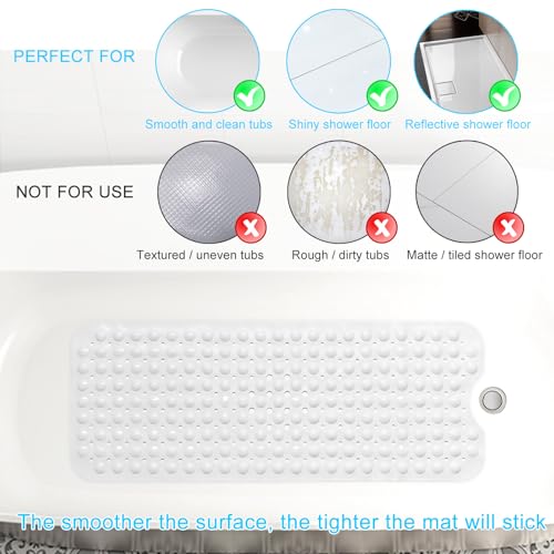 Sheepping Baby Bath Mat Non Slip Extra Long Bathtub Mat for Kids 40 X 16 Inch - Eco Friendly Bath Tub Mat with 200 Big Suction Cups,Machine Washable Shower Mat (White) - color: White