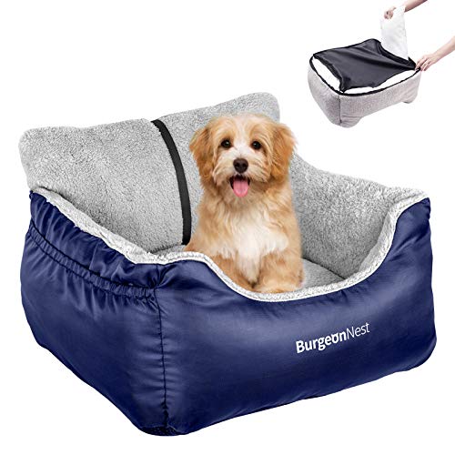 BurgeonNest Dog Car Seat for Small Dogs, Fully Detachable and Washable Cat Carseats Under 25 lbs, Soft Pet Booster Seats with Storage Pockets and Clip-On Leash Portable Car Travel Carrier Bed, Blue - color: Blue, size: Small