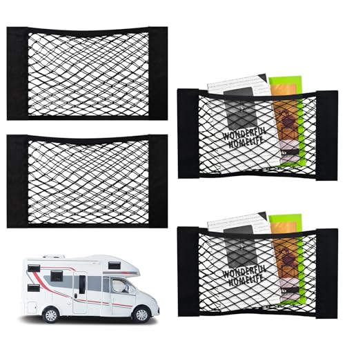 Gute 4PCS RV Cargo Storage Mesh Net,Elastic Stretchable Netting with 8 Adhesive Strip Wall Stickers - Fit for SUV, Truck