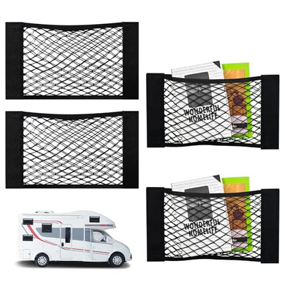 Gute 4PCS RV Cargo Storage Mesh Net,Elastic Stretchable Netting with 8 Adhesive Strip Wall Stickers - Fit for SUV, Truck