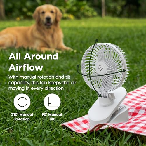 IRIS USA 5" Battery Operated Clip On Fan, 2 Speeds, D-Battery Powered, Personal Fan, Portable Travel Mini Pet Stroller Car Fan, Home Office Bedside Camping Golf Cart - color: White - Battery, style: Clip On