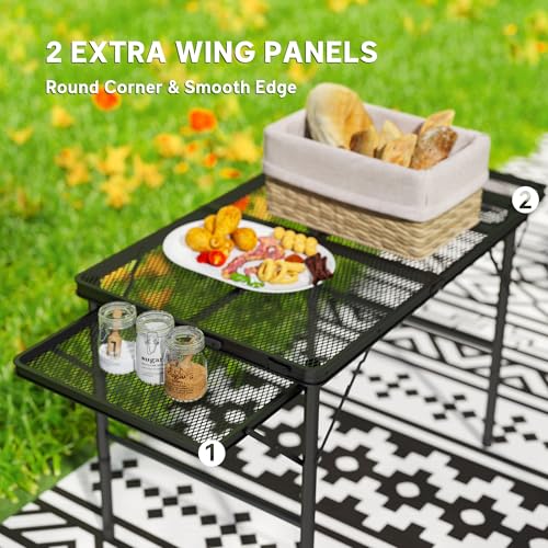 Outsunny Folding Grill Table, 4.5 ft Portable Camping Table with 2 Wing Panels, Height Adjustable Metal Outdoor Table with Mesh Desktop for Picnic, Beach, BBQ, Party, Black