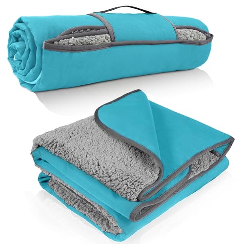Tirrinia Waterproof Outdoor Blanket with Sherpa Lining, Windproof Triple Layers Warm Comfy Foldable for Camping Stadium, Beach, Picnic, Grass, Concerts, Car, Dog, 51''X 59'' & 59''X 80'' - color: Aqua/Grey, size: 59” x 80”