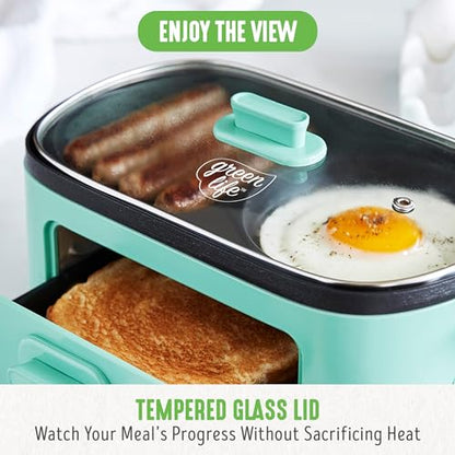 GreenLife 3-in-1 Breakfast Maker Station, Healthy Ceramic Nonstick Dual Griddles for Eggs Meat Sausage Bacon Pancakes and Breakfast Sandwiches, 2 Slice Toast Drawer, Easy-to-use Timer, Turquoise - color: Turquoise