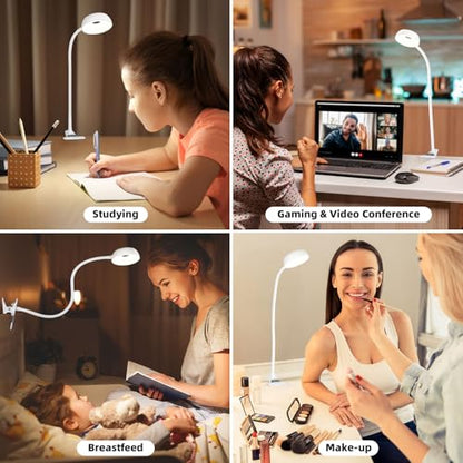 LiFMIRA Clip on Light, LED Reading Light for Beds Headboards, Flexible Clip on Lamp with Clamp,3 Color Modes & 10 Brightness Eye-Friendly Book Light Reading Light for Books in Bed Bedside Desks White - color: White