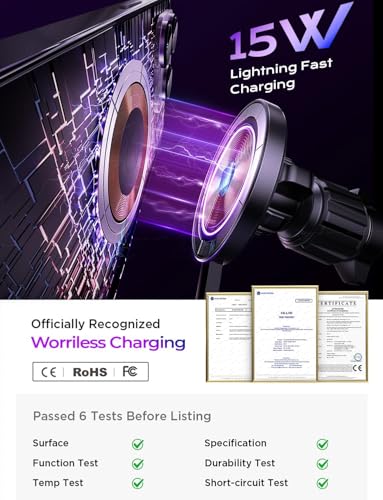 LISEN 15W MagSafe Car Mount Charger,[Carbon Fiber] Magnetic Wireless Car Charger, Dashboard & Air Vent Car Phone Mounts, Magnetic Phone Holder for Car Mount for iPhone 17/16/15/14/13/12, Samsung Pixel | Carbon Fiber 15W Magsafe Car Mount Charger, 2 in 1 D
