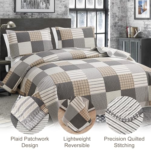 Plaid Quilt Set - Queen Size Bedspread & Coverlet - Brown White Plaid - Lightweight & Reversible - Soft Microfibers - All Season - color: Brown Plaid Patchwork, size: Full/Queen