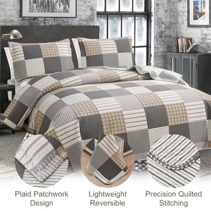 Plaid Quilt Set - Queen Size Bedspread & Coverlet - Brown White Plaid - Lightweight & Reversible - Soft Microfibers - All Season - color: Brown Plaid Patchwork, size: Full/Queen