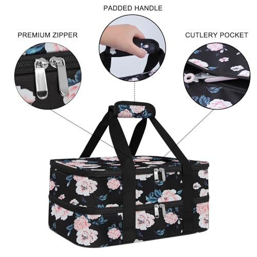 esouler Double Insulated Casserole Carrier Bag Hot & Cold Food Carrier Bag Lasagna Holder Lunch Bag for Picnics, Parties, Travel, Fits 9 x 13 Inches Casserole Dish-Flower - color: Flower, size: 16x10x7.2 in