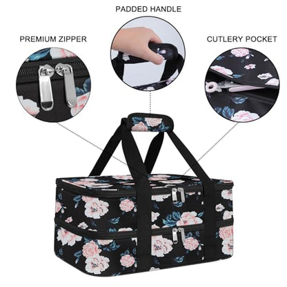 esouler Double Insulated Casserole Carrier Bag Hot & Cold Food Carrier Bag Lasagna Holder Lunch Bag for Picnics, Parties, Travel, Fits 9 x 13 Inches Casserole Dish-Flower - color: Flower, size: 16x10x7.2 in