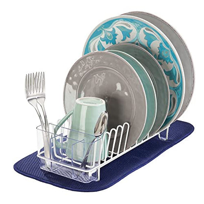 mDesign Kitchen Sink Dish Drainer – Small Metal and Plastic Dish Rack for Kitchen Sink – Dish Drying Rack with Drip Tray for Plates and Cutlery Basket – White/Clear - color: White/Clear