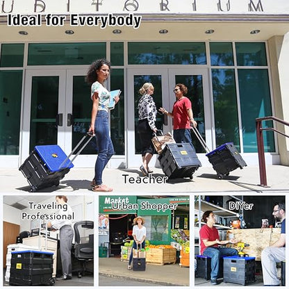dbest products Quik Cart Collapsible Rolling Crate on Wheels for Teachers Tote Basket, 80 lbs Capacity, Blue Lid Made from Heavy Duty Plastic and used as a Seat - color: Black, Blue, style: Standard