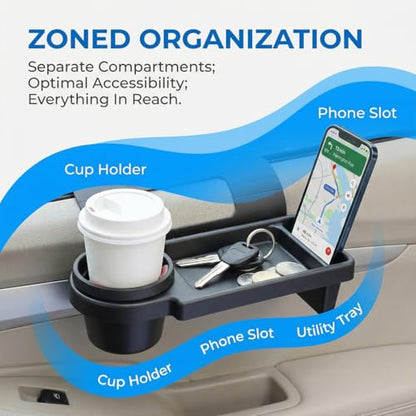 Zpana Car Window Organizer, Multifunctional Vehicle Door Side Hanging Rack with Cup Holder Tray Phone Mount, Automotive Window Storage Organizer Accessories, Universal for Trailer RV Truck