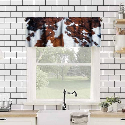 Farmhouse Cowhide Valance, Abstract Brown White Cow Fur Western Animal Skin Print Blackout Short Window Curtain for Kitchen Bedroom Living Room, 54x18inch - color: Cowhide-8