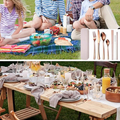 AARAINBOW 7 Pieces Stainless Steel Flatware Set Portable Reusable Cutlery Set Travel Utensils Set Including Chopsticks Knife Fork Spoon Straws Cleaning Brush Dishwasher Safe (7 Rose Golden) - color: Rose Golden