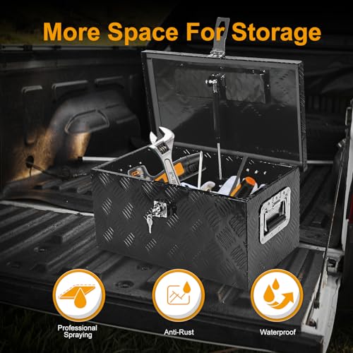 Silver 20 Inch Truck Chest Tool box Heavy Duty Aluminum Stripes Plated Pick Up Truck Bed Box Waterproof RV Trailer Toolbox Storage with Side Handle and Lock Keys –20"x12"x10" - color: Black, size: 20"x12"x10"