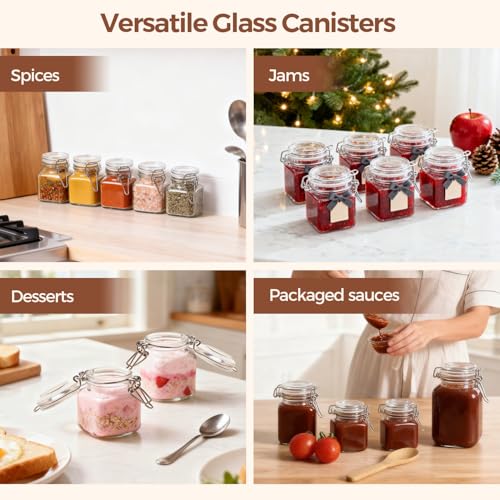 ComSaf Set of 6 Square Glass Spice Jars with Airtight Lids (4 Oz), Mini Favor Jars with Wire Clamp for Honey, Herbs & Farmhouse Kitchen Pantry Organization, with Funnel & Labels - size: 4oz*6
