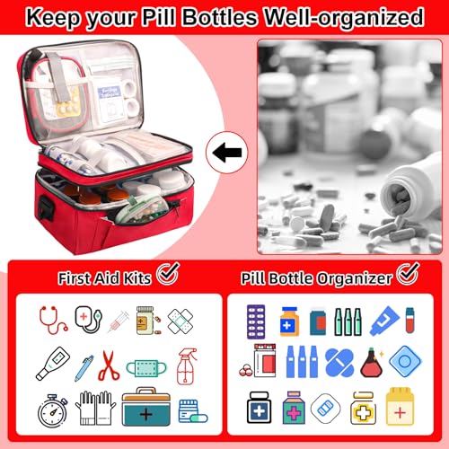 Tesuko Medicine Bag for Traveling with Portable Small Pouch, Double Layer Pill Bottle Organizer Storage Case with Lockable Zippers, Carrying Medication Travel Case with Shoulder Strap (Bag ONLY), Red