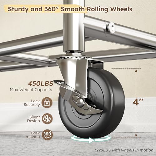 Raybee Clothes Rack, Room Organize Home Storage, 75" W & 4 Extra Hooks | 450LBS Capacity, Stainless Steel, Extendable Hanging Rod, 360° Lockable Wheels, Height Adjustable, 15-Min Tool-free Assembly - color: Chrome, style: Rod Shelf