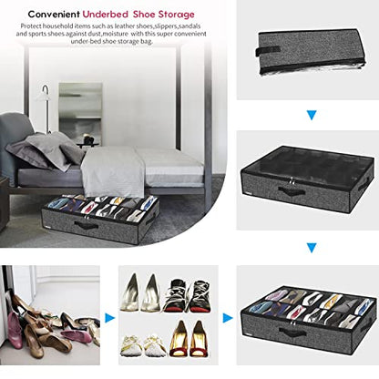 Onlyeasy Under Bed Shoe Storage Organizer with Sturdy Handles and Clear Window 1 Pack Fits 12 Pairs, Premium Foldable Underbed Shoes Container Box for Closet, Linen-like Black, MXAUBSB1P - color: Linen-like Black 1 Shoes (12 Cells)