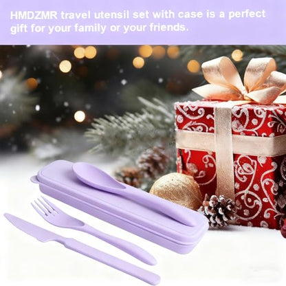 Travel Utensils with Case, Camping Utensil Sets, Wheat Straw Portable Knife Fork Spoons Tableware, Reusable Utensils for Lunch Box (Purple) - color: Purple