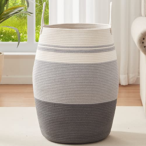 OIAHOMY Laundry Hamper Woven Rope Large Clothes Hamper 25.6" Height Tall Laundry Basket with Extended Handles for Storage Clothes Toys in Bedroom, Bathroom, Foldable (Dark Grey) - color: Dark Grey