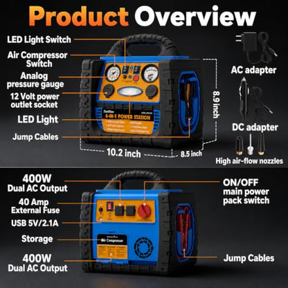 Car Jump Starter with Air Compressor, 2200A Battery Booster Pack for Up to 8.0L Gas & 6.0L Diesel, 150PSI Tire Inflator, 400W Portable Power Station with AC Outlet, 6-in-1 Jump Box for Cars, Trucks - style: 2200AMP