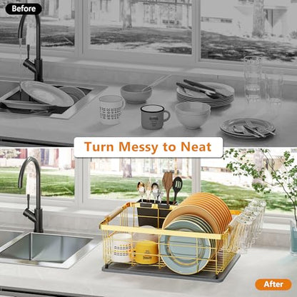 Dish Drying Rack Gold with Diatomaceous Earth 1 Tier,Multifunctional Dish Racks for Kitchen Counter Quick-Drying,Large Capacity Space Saving with Cutlery Cups Holder - color: Gold, size: 1 Tier