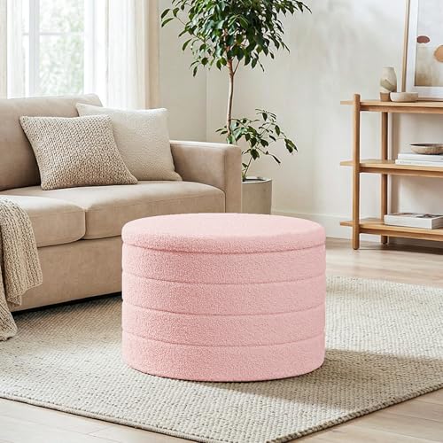22" Round Storage Ottoman,Boucle Sherpa Ottoman with Tray, Faux Teddy Foot Rest Coffee Table for Bedroom Dorm Living Room,Pink - color: Pink, size: 22.2"D x 22.2"W x 15.8"H