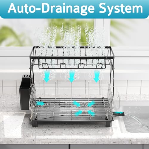 Dish Drying Rack - 2 Tier Large Capacity Dish Rack- Dish Racks for Kitchen Counter with Drainboard, Rustproof Dish Drainer with Removable Utensil Holder,Cutting Board Holder,Cup Holder, Black - color: 2 Tier-black