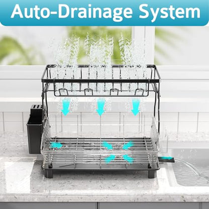 Dish Drying Rack - 2 Tier Large Capacity Dish Rack- Dish Racks for Kitchen Counter with Drainboard, Rustproof Dish Drainer with Removable Utensil Holder,Cutting Board Holder,Cup Holder, Black - color: 2 Tier-black