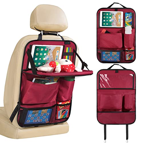 LUCMO Car Backseat Organizer with Foldable Tablet Holder,Red | 6 Storage Pockets,Foldable Food Tray,Protectors Kick Mats,Travel Accessories,Seat Cover,Road Trip Essentials - color: Red, size: 1 Pack with Food Tray
