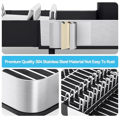 Urackify Dish Drying Rack - Dish Drainer for Kitchen Counter, Stainless Steel Dish Rack with Swivel Draining Spout & Drain Board, Expandable Space-Saving Kitchen Dish Organizer for 3-4 People, Black - color: Black