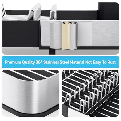 Urackify Dish Drying Rack - Dish Drainer for Kitchen Counter, Stainless Steel Dish Rack with Swivel Draining Spout & Drain Board, Expandable Space-Saving Kitchen Dish Organizer for 3-4 People, Black - color: Black