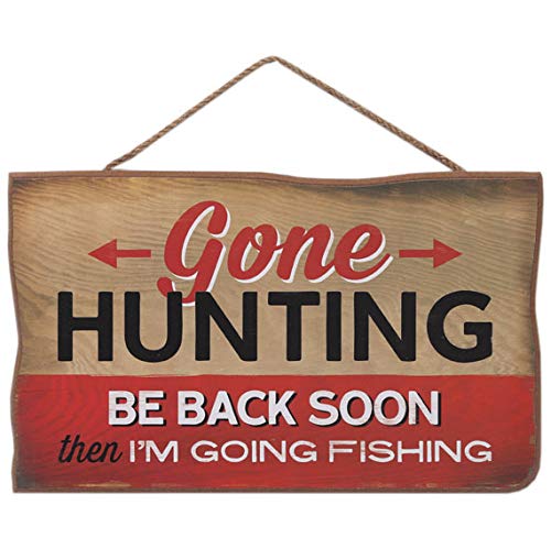 Gone Hunting Then Fishing Hanging Wood Wall Decor - Funny Sign for Cabin, Lake House or Lodge - color: Brown/Red