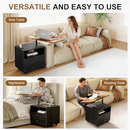 Bedroom Nightstand with Drawers & Charging Station, Adjustable Height Bedside Table with Wheels, Wooden Small Sofa Side Tables with Storage for Living Room, Black Brown - color: [A3] Black & Brown