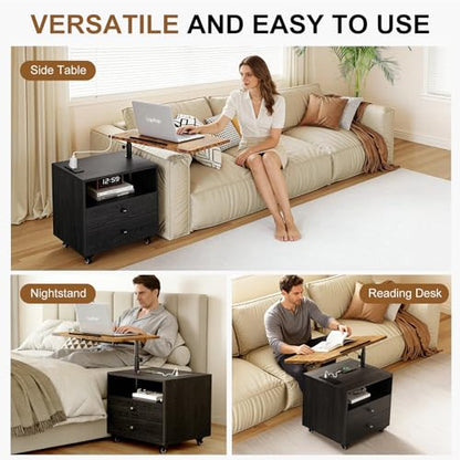 Bedroom Nightstand with Drawers & Charging Station, Adjustable Height Bedside Table with Wheels, Wooden Small Sofa Side Tables with Storage for Living Room, Black Brown - color: [A3] Black & Brown