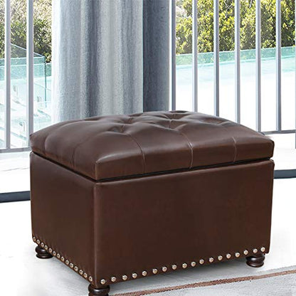 Leather Ottoman with Storage,24’’Foot Rest Ottomans with Hinged Lid Rectangle Upholstered Foot Stools Nailhead Trim for Living Room Bedroom,Classic Brown - color: Classic Brown