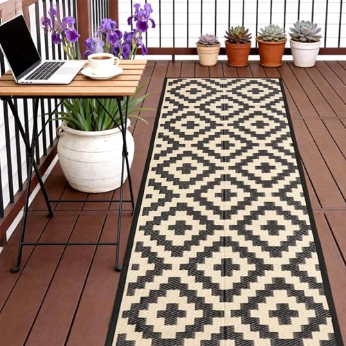 SAND MINE Reversible Mats, Plastic Straw Rug, Modern Area Rug, Large Floor Mat and Rug for Outdoors, RV, Patio, Backyard, Deck, Picnic, Beach, Trailer, Camping (2.5' x 8', Black & Beige Lattice) - color: Black & Beige, size: 2.5'x 8'