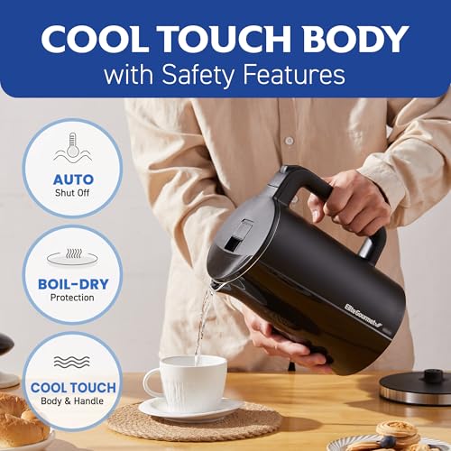 Elite Gourmet 1.7L Cool-Touch 1500W Fast Boil Electric Kettle, Fully Stainless Steel Lid & Interior BPA Free, Double Wall, Auto Shut-Off, Black - size: 1.8 Quarts