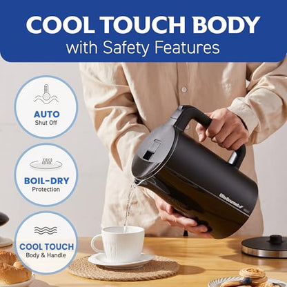 Elite Gourmet 1.7L Cool-Touch 1500W Fast Boil Electric Kettle, Fully Stainless Steel Lid & Interior BPA Free, Double Wall, Auto Shut-Off, Black - size: 1.8 Quarts