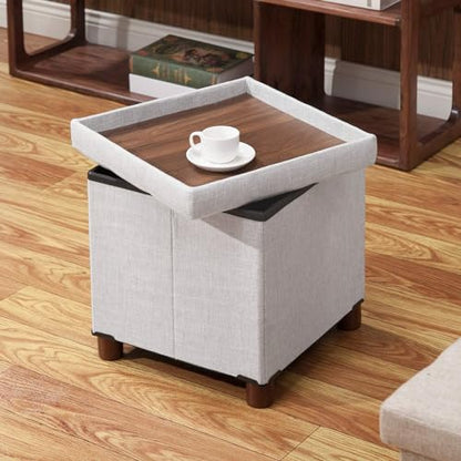 15 Inch Storage Ottoman with Wooden Legs - Cube Foot Rest Stool, Square Footstool, Comfortable Seat with Lid, Foldable Fabric Ottoman, Space-Saving White - color: Squ Light Grey
